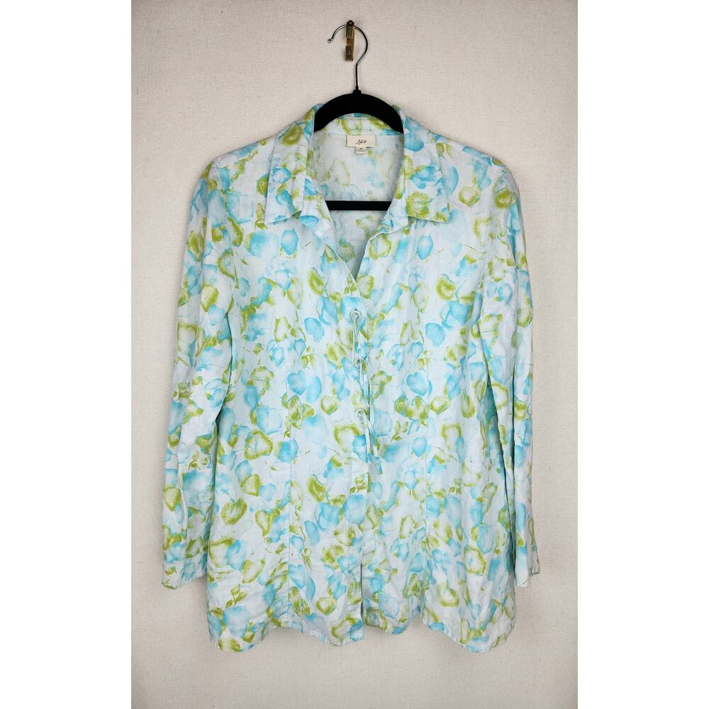 J Jill Top Women M 100% Linen tassel watercolor leaf peasant floral spring fairy